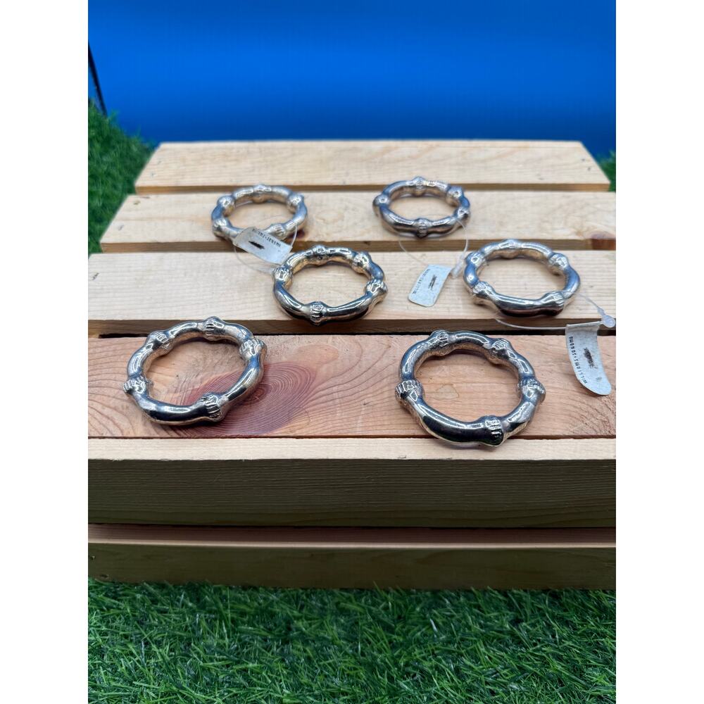 Set 6 Williams Sonoma Silver Bamboo Napkin Rings-VTG Chinoiserie Style
